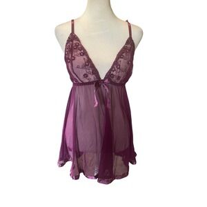 Y2K Fairy Lace Sheer Mesh Babydoll Top Chemise Small Purple Embroidered Lingerie